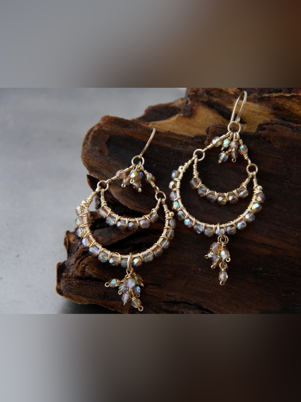 NWOT YogaChickJewelry Gold Dangle Hoop Earrings with Champagne Iridescent Beads